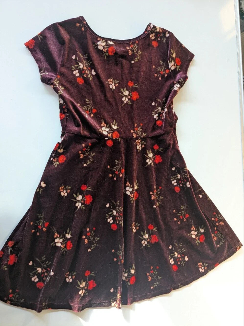 Old Navy Plum Velvet Dress with Red and Cream Floral Print
